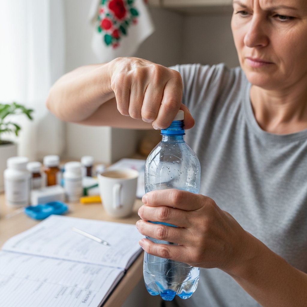 Kobieta z twardziną, która stara się otworzyć butelkę, wyraźnie widać napiętą skórę dłoni