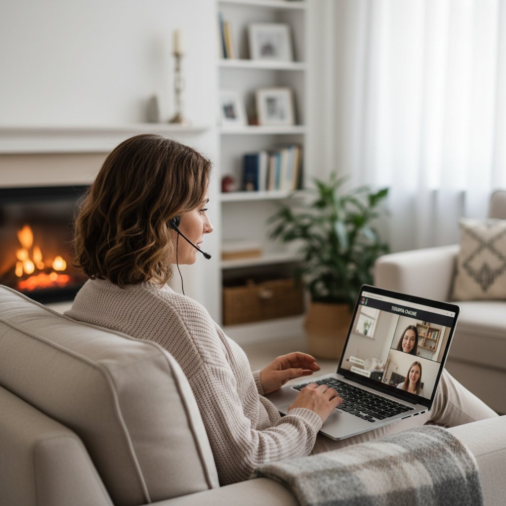 Polska scena: młoda kobieta z laptopem w zaciszu domowym, korzystająca z terapii online