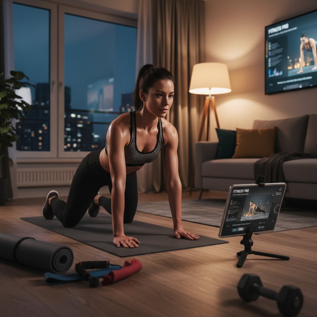 Polska kobieta ćwiczy wieczorem w domu, smartfon z aplikacją fitness na podłodze