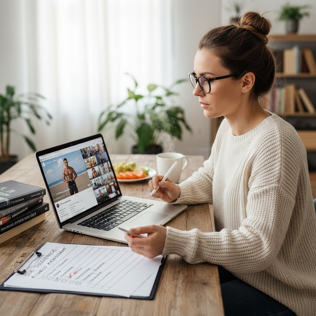 Osoba analizuje profil trenerki TikTokowej na laptopie, z widoczną checklistą