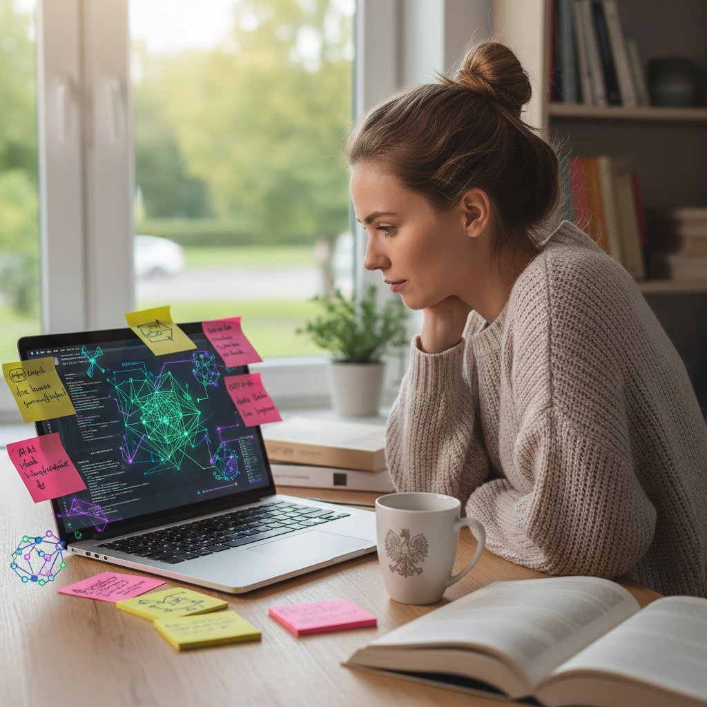 Młoda Polka przy laptopie analizująca dane z pomocą AI i notatek