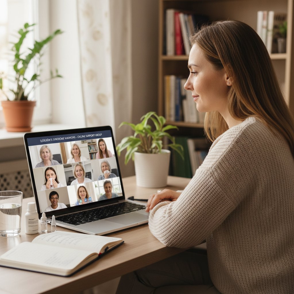 Polska kobieta korzystająca z laptopa, dołączająca do grupy wsparcia online