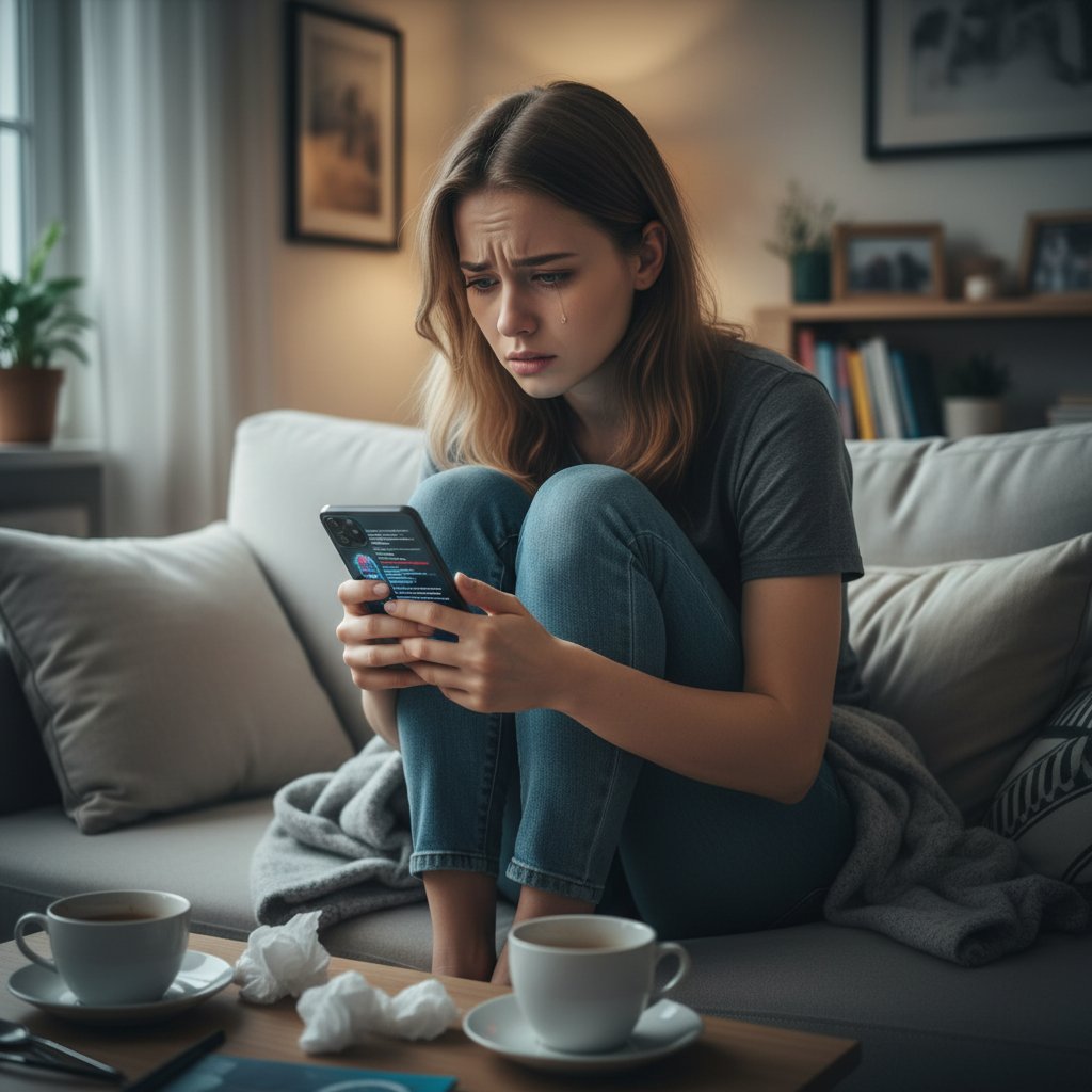 Polska kobieta czytająca informacje medyczne na smartfonie, wyraźny niepokój na twarzy, domowe zacisze