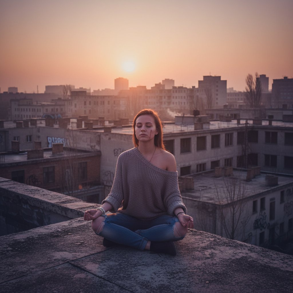 Kobieta medytująca na dachu – autentyczne ćwiczenia mindfulness po rozwodzie