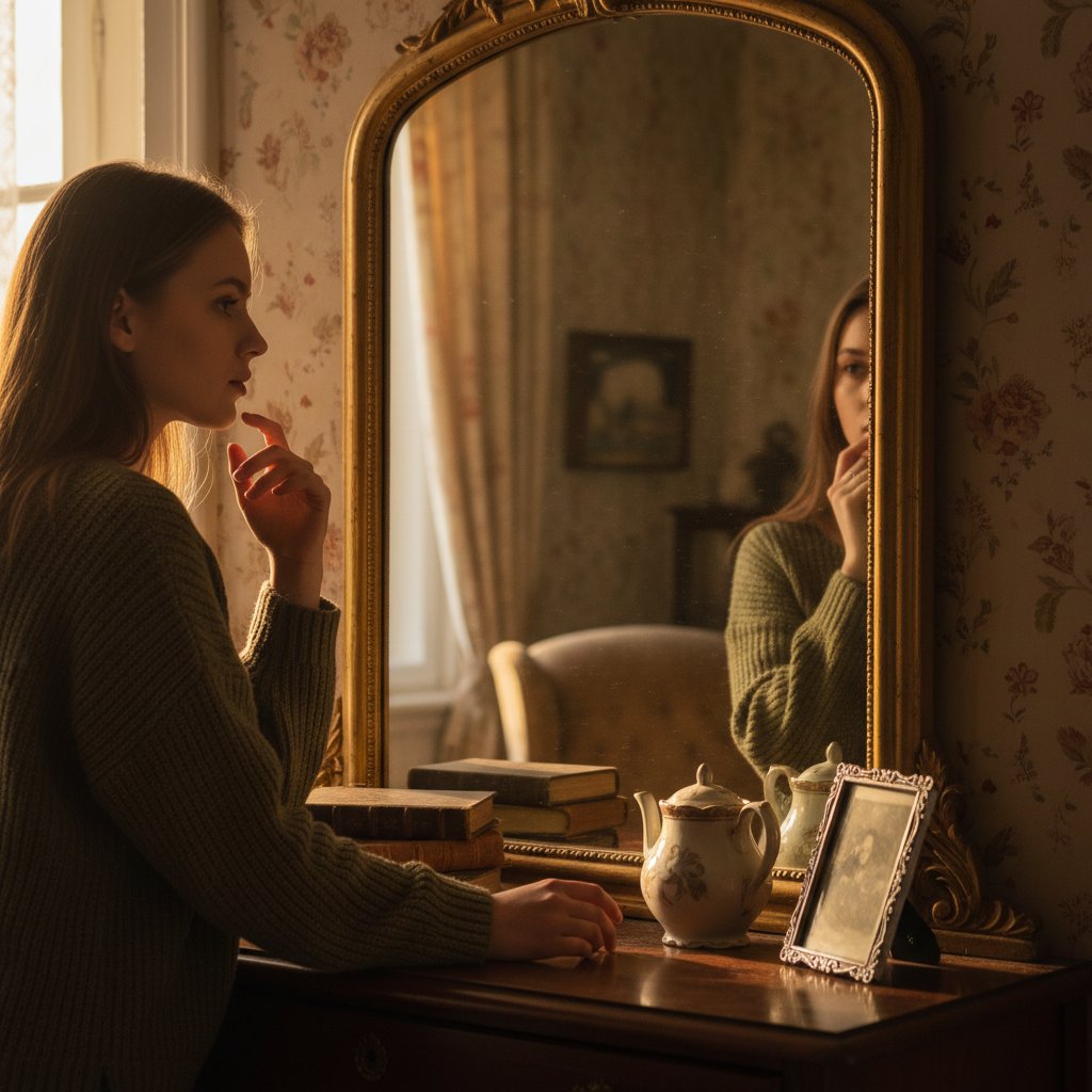 Polka patrząca w lustro, zamyślona, wieczorne światło, 16:9