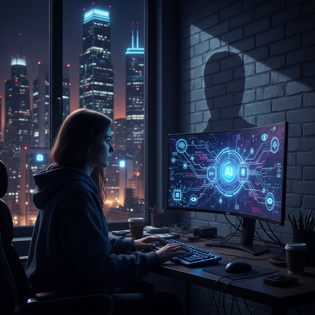 Młoda Polka nocą przy komputerze otoczona cyfrowymi danymi i ikonami AI, światło ekranu dzieli jej twarz na jasną i ciemną połówkę, klimat miejski