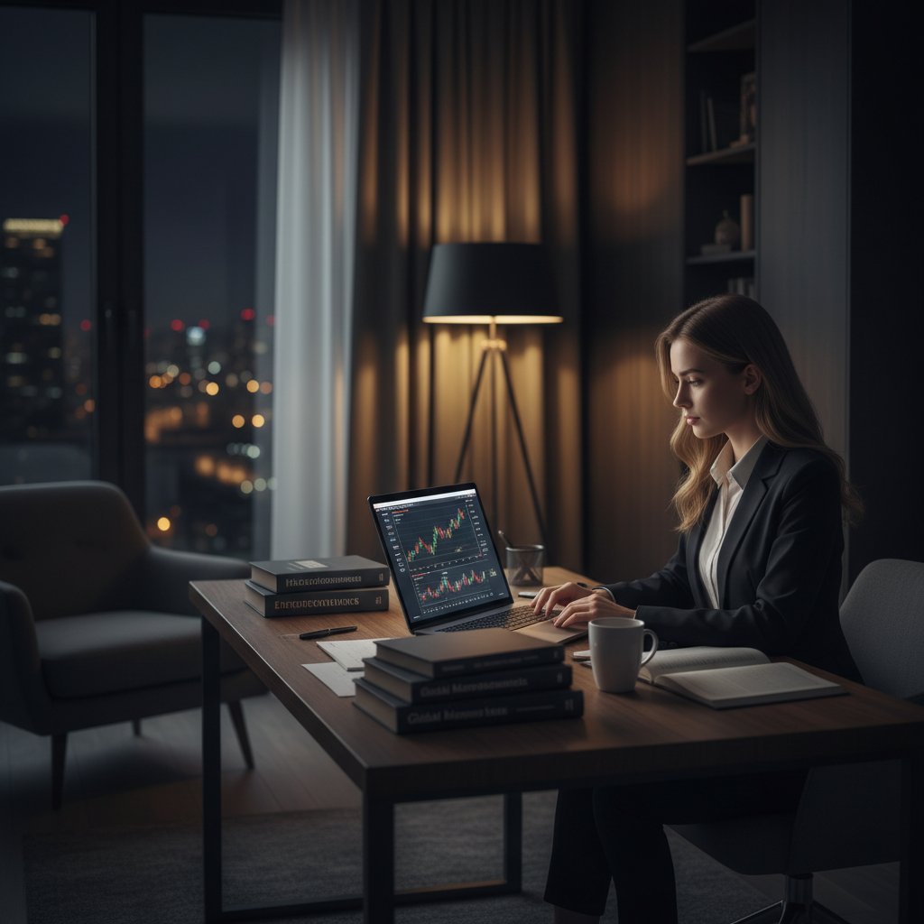 Młoda kobieta w nocy przy laptopie, otoczona cyfrowymi wykresami ekonomicznymi i podręcznikami – nauka ekonomii online