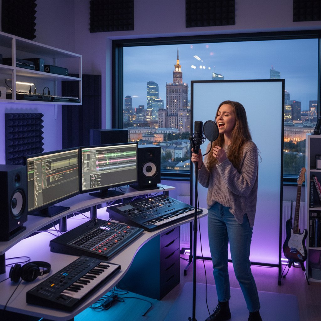 Młoda Polka podczas nauki śpiewu online w domowym studio z nowoczesnym sprzętem, mikrofonem i ekranami