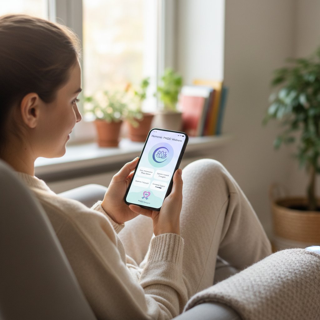 Kobieta korzystająca z aplikacji na smartfonie do ćwiczeń mindfulness, ilustracja nowoczesnych narzędzi