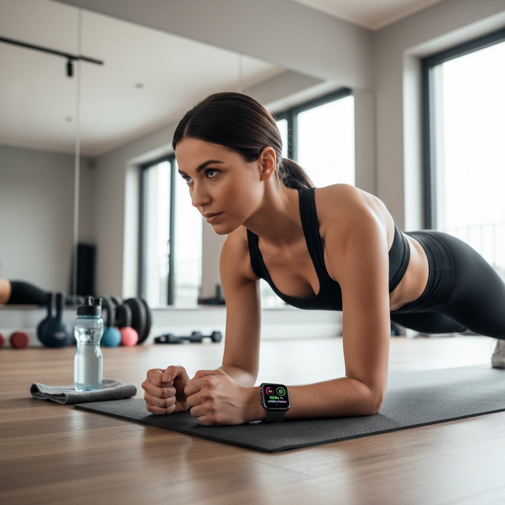 Polska kobieta zakłada inteligentny zegarek przed treningiem w domu, fitness aplikacja na smartfonie