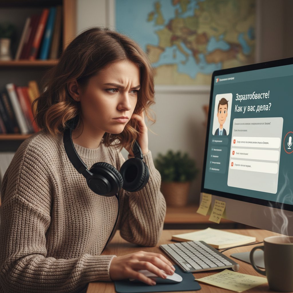 Polka rozmawia online po rosyjsku, skupiona, mieszanka emocji, komputer