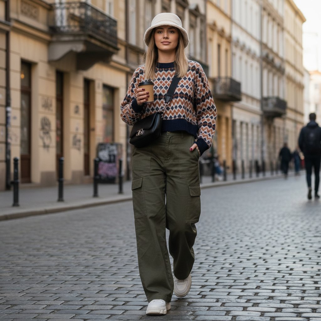 Polka w nowoczesnej stylizacji ulicznej, kapelusz bucket, szerokie spodnie
