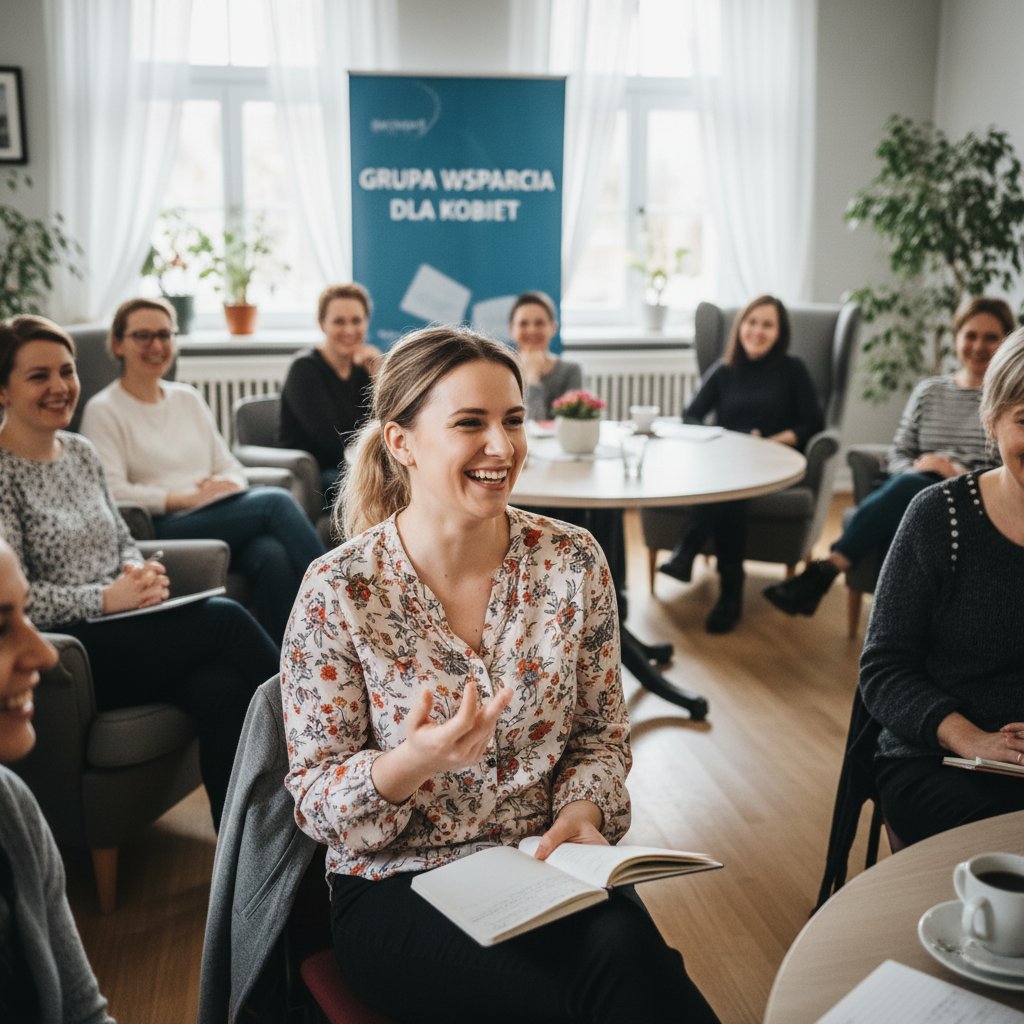 Unikanie efektu jojo – kobieta z notatnikiem, grupa wsparcia, uśmiechnięte twarze