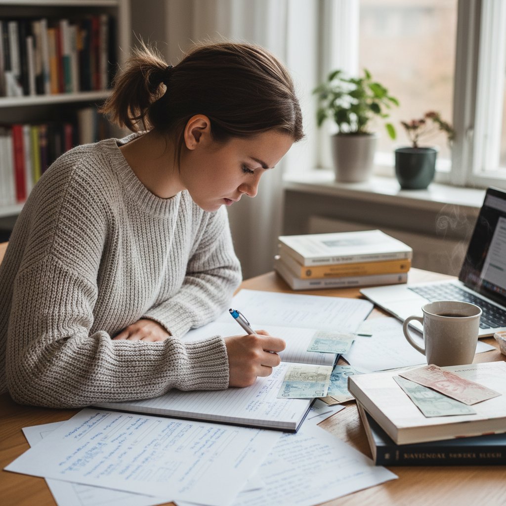 Kasia siedząca przed laptopem, notatki w języku szwedzkim, filiżanka kawy, atmosfera skupienia