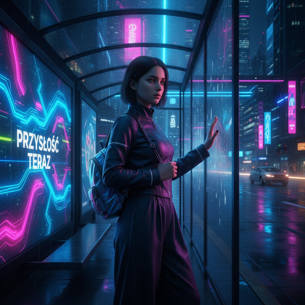 Kobieta w polskim mieście nocą, siedząca na ławce przystanku, myśląc intensywnie o zarządzaniu emocjami