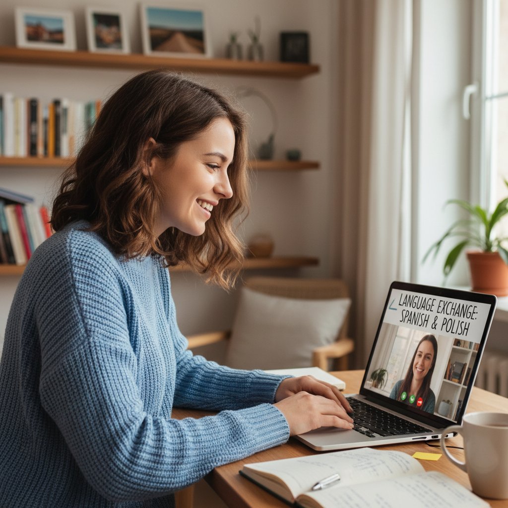 Uśmiechnięta Polka rozmawiająca przez komputer w języku obcym podczas domowej praktyki językowej