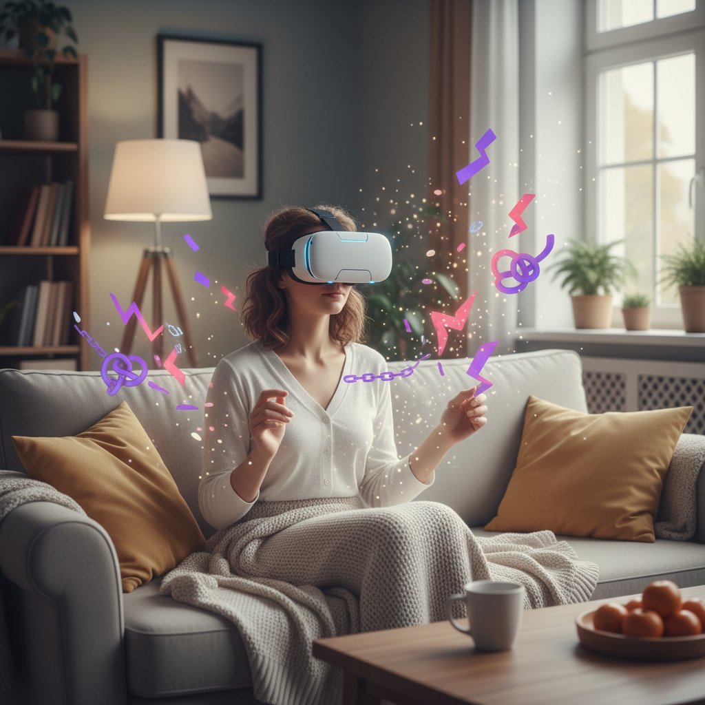 Polka w goglach VR w domu, symbolicznie uwalniająca się od stresu, przyszłość walki ze stresem online