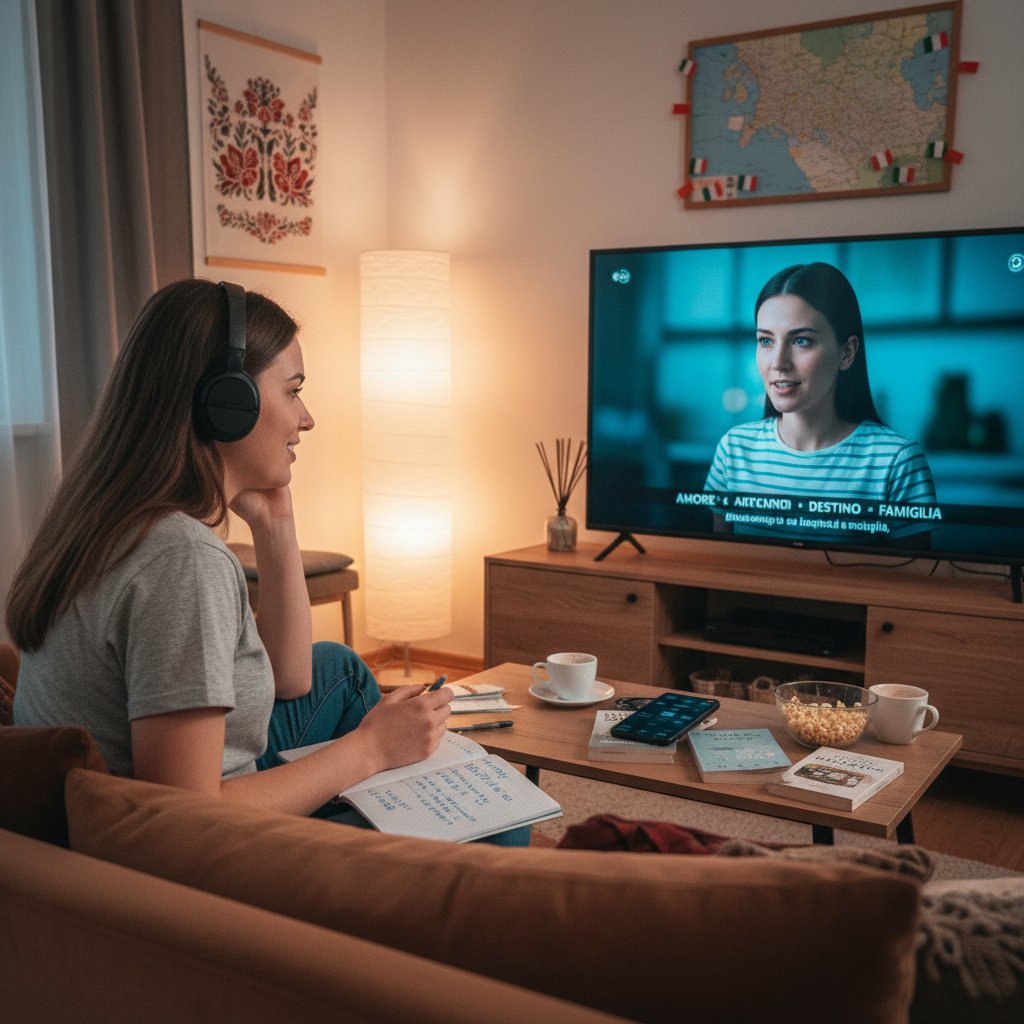 Polka oglądająca włoski film z napisami, codzienna nauka przez immersję