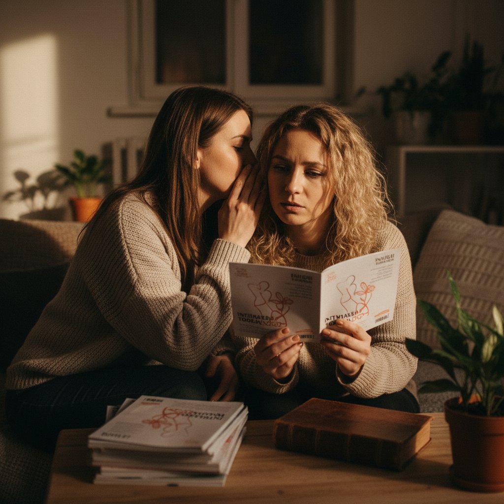 Polka szepcząca o zdrowiu intymnym – tabu w społeczeństwie, ciemne tło, silny kontrast