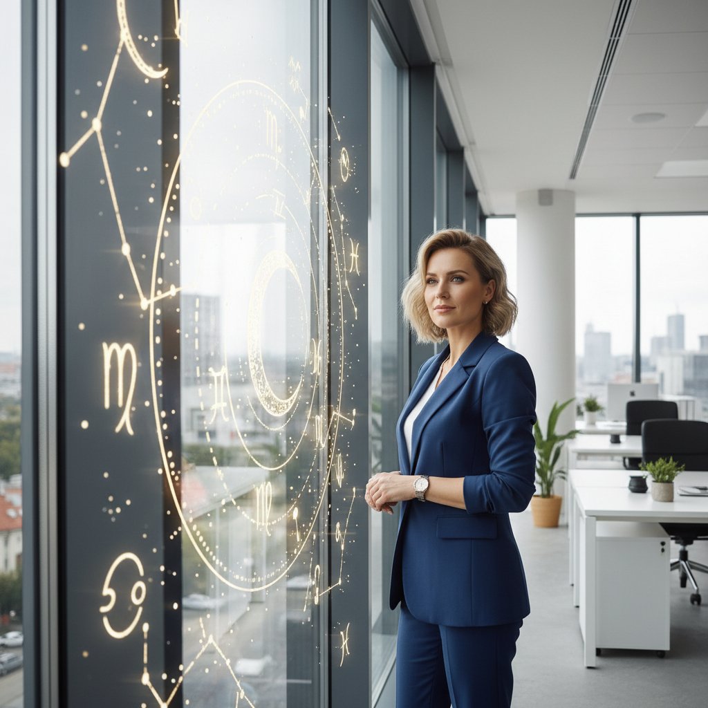 Sukces zawodowy dzięki astrologii – inspirująca historia kobiety w nowoczesnym biurze, z odbiciem symboli astrologicznych w szkle