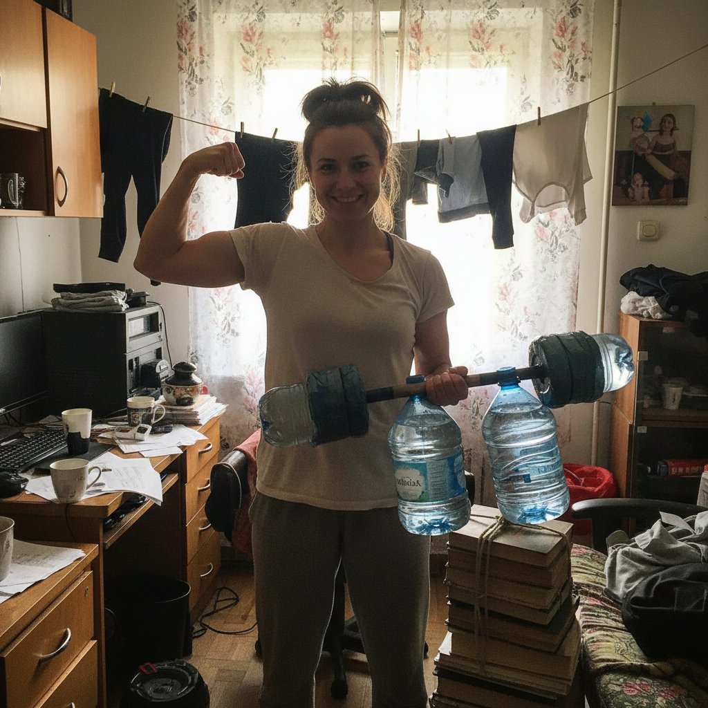 Anna pokazuje efekty ćwiczeń siłowych online w swoim pokoju, improwizowany sprzęt, naturalne światło