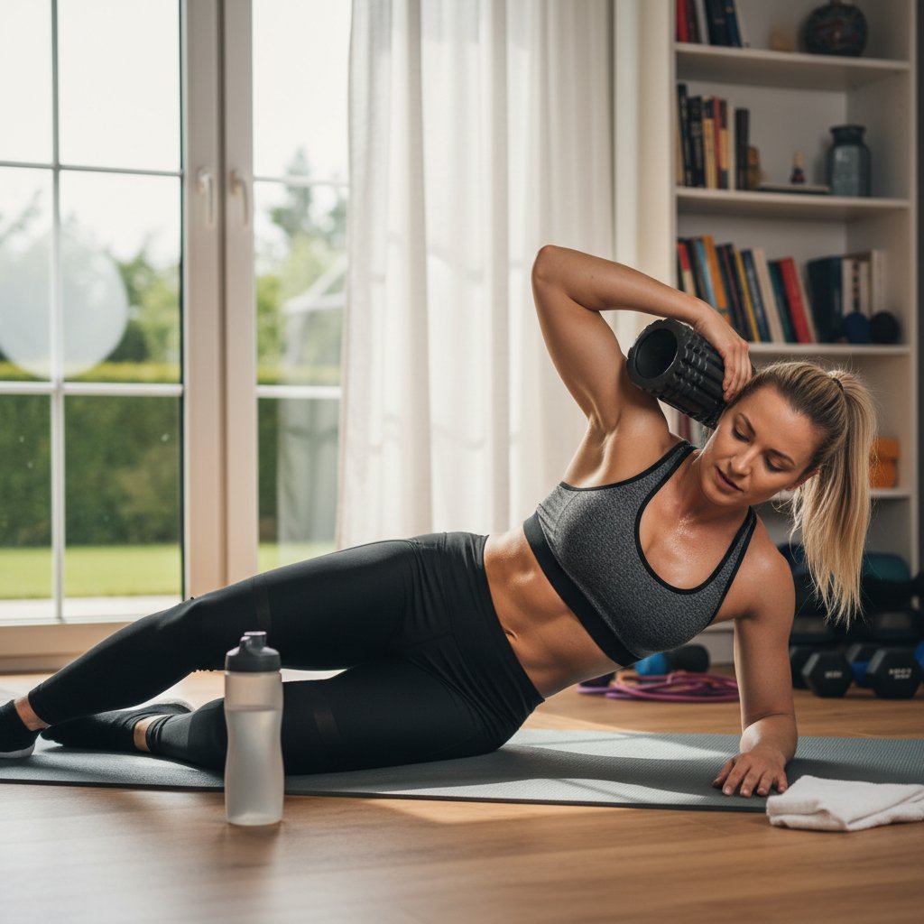Automasaż i regeneracja po treningu ramion, polska kobieta korzystająca z rollera w domu
