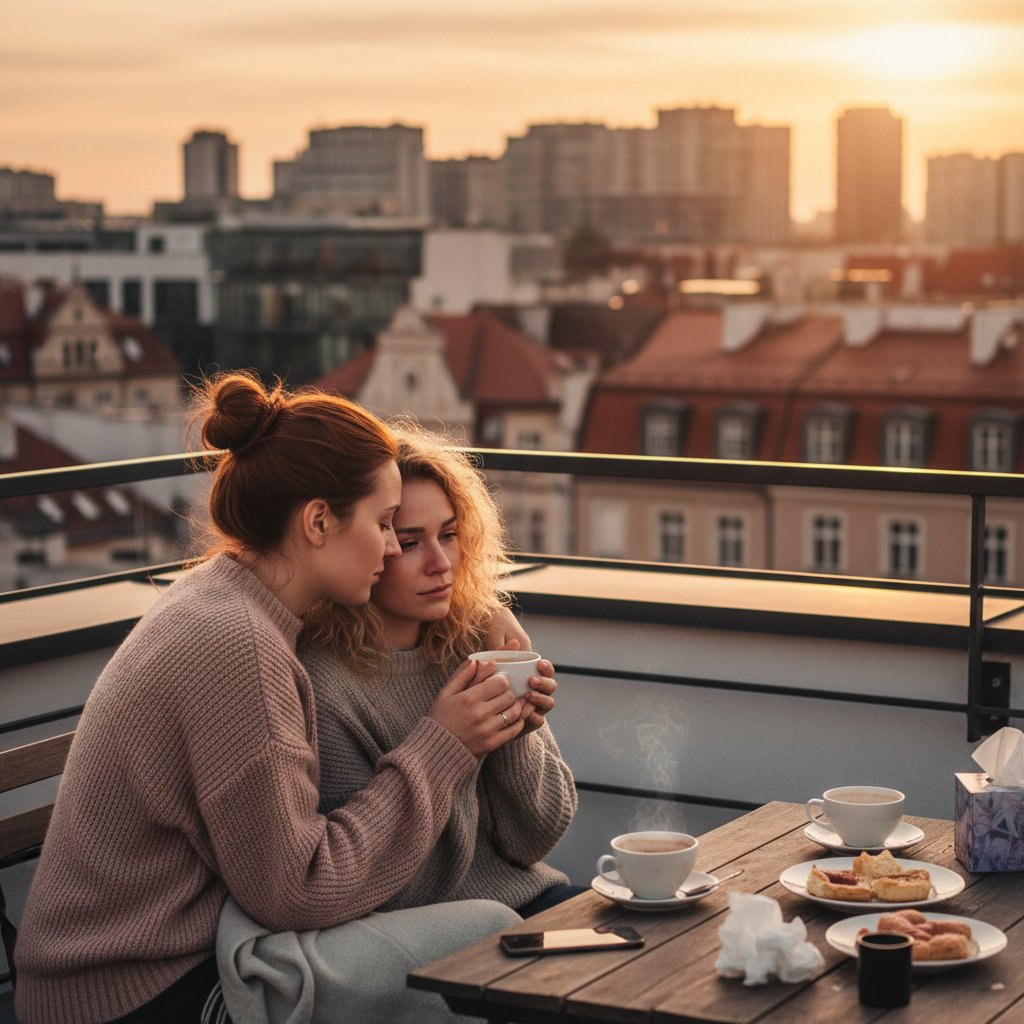 Ciepłe wsparcie: dwie Polki obejmujące się na tle miasta
