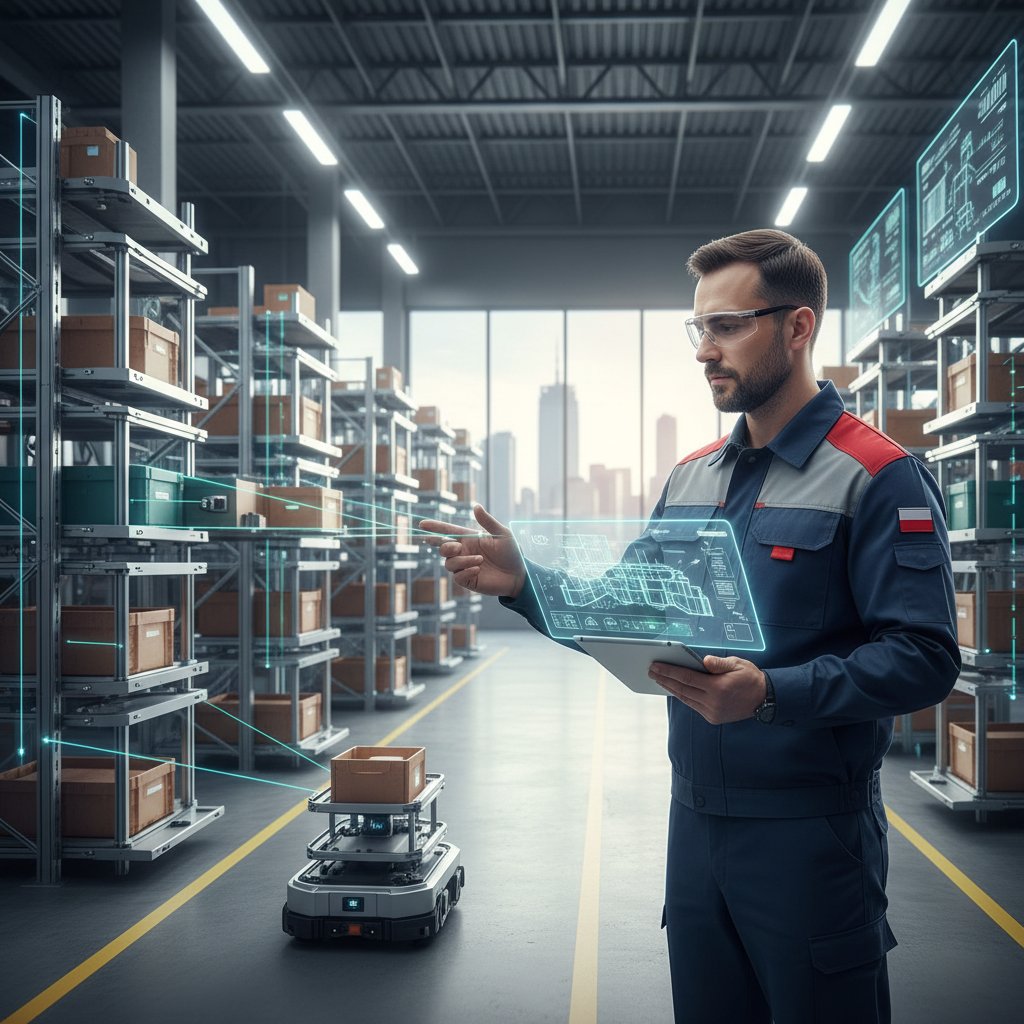 Pracownik nadzorujący automatyczne systemy zarządzania magazynem w polskiej firmie