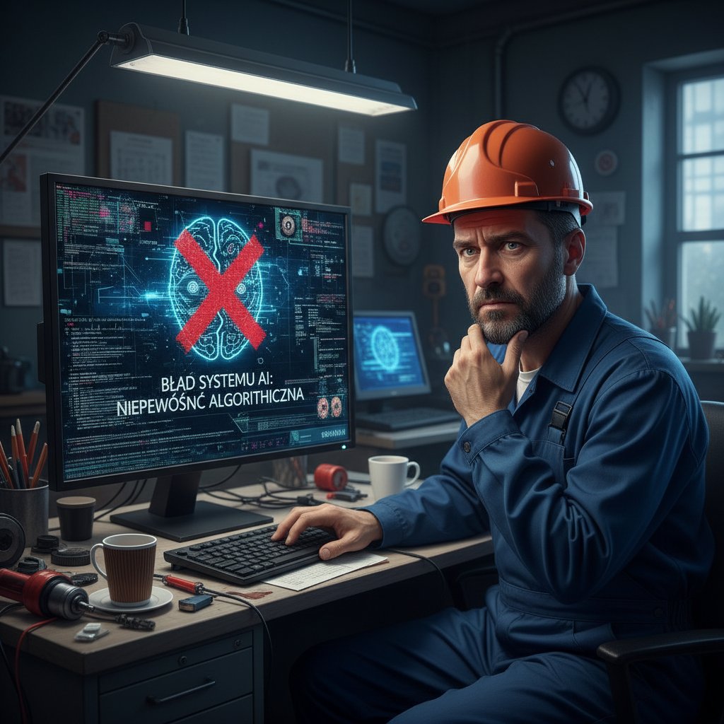 Polski pracownik patrzący sceptycznie na komputer po błędzie AI, atmosfera niepewności