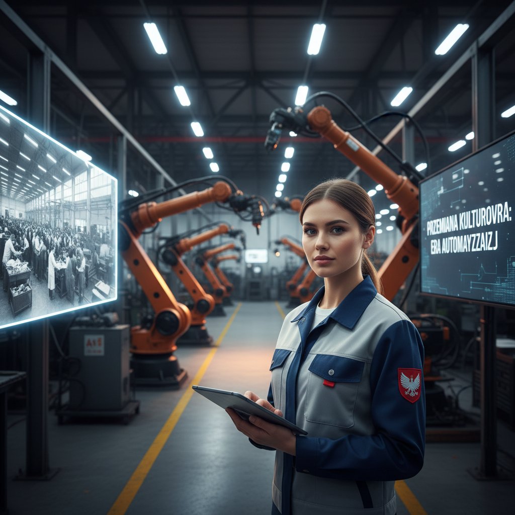 Portret polskiego robotnika w fabryce, symbol przemian kulturowo-zawodowych, automatyzacja a filozofia pracy