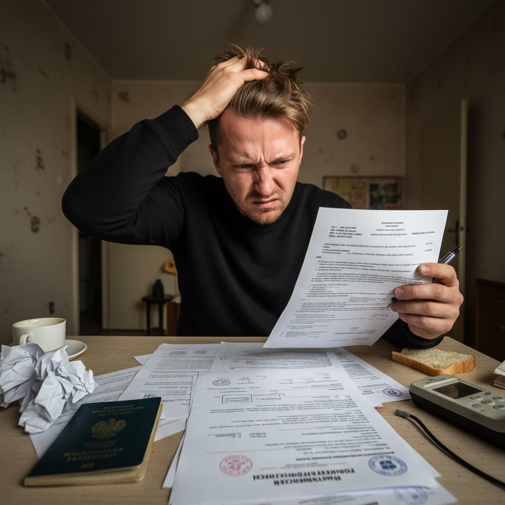 Polski pracownik zmagający się z dokumentami po niemiecku, wyraźna frustracja, biurowa rzeczywistość