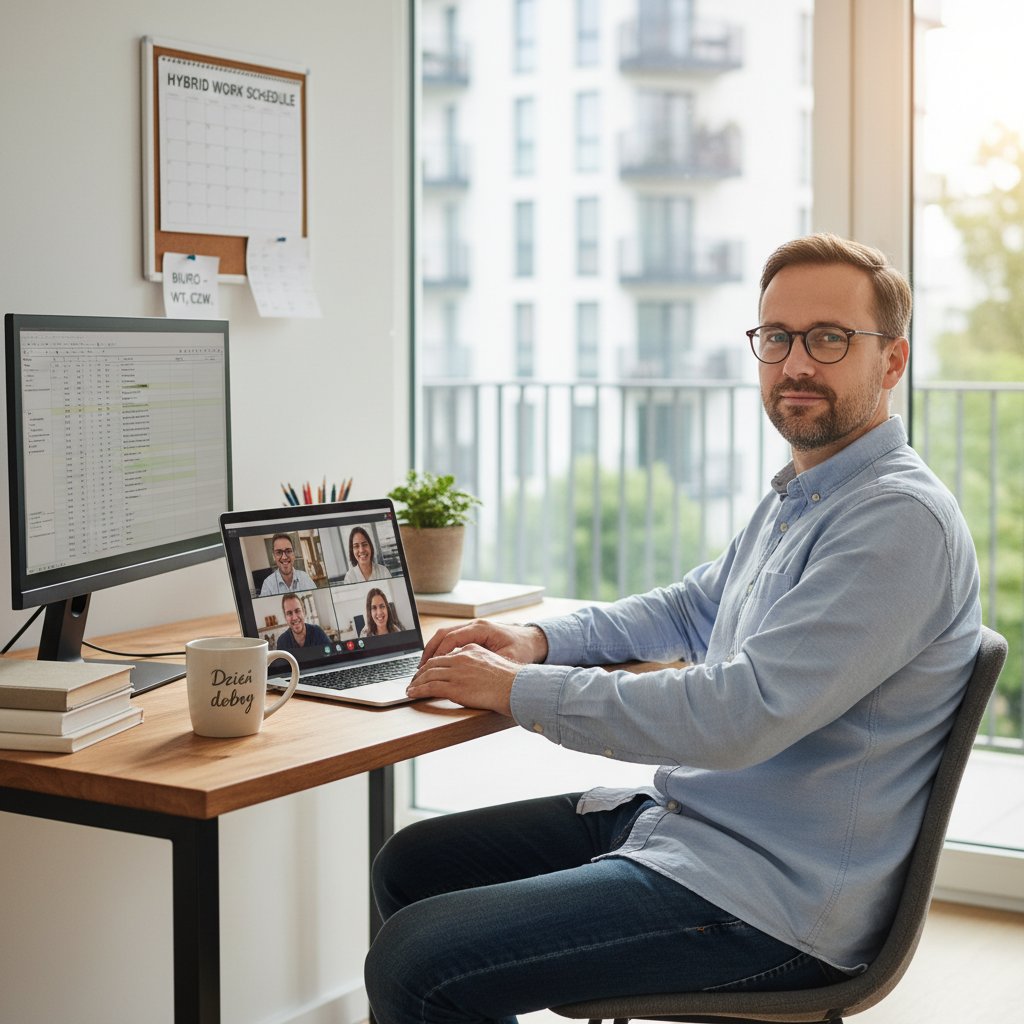 Polski pracownik w domowym biurze, laptop, rośliny – praca hybrydowa po pandemii
