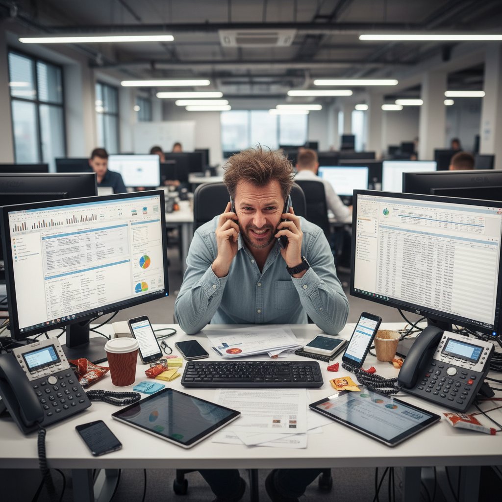 Pracownik w polskim biurze, otoczony monitorami i telefonami, wyraźnie zestresowany i przytłoczony nadmiarem zadań