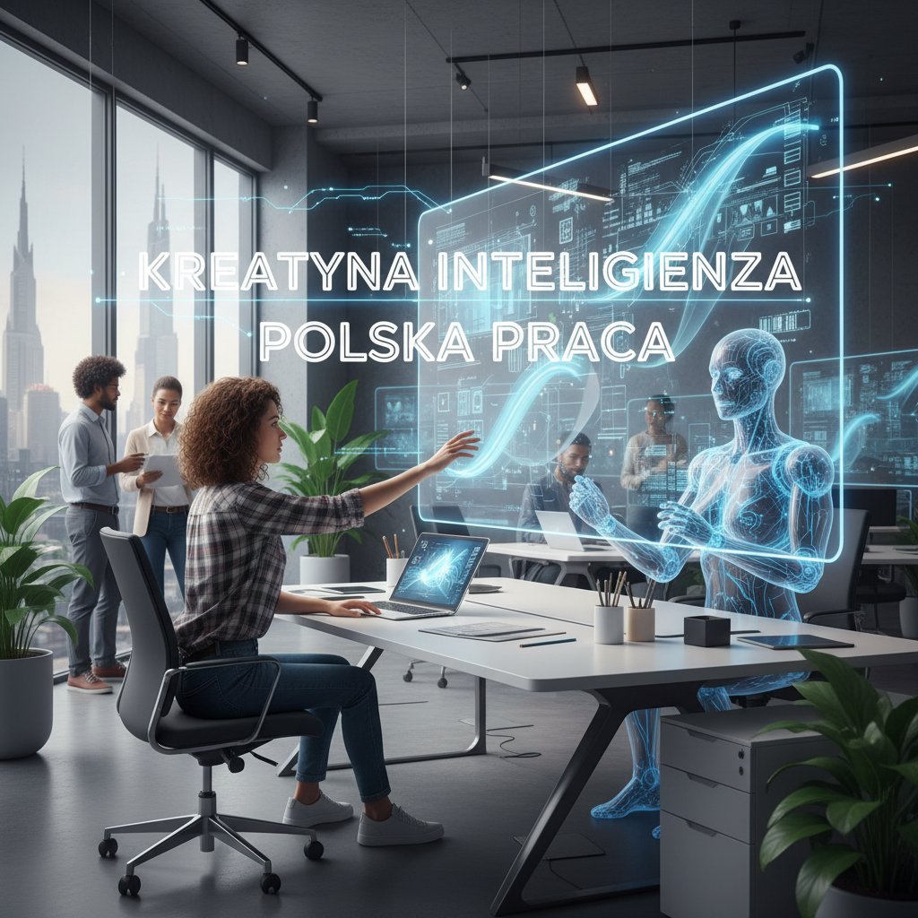 Polska pracowniczka współpracująca z robotem przy komputerze w nowoczesnym biurze, motyw kreatywności AI