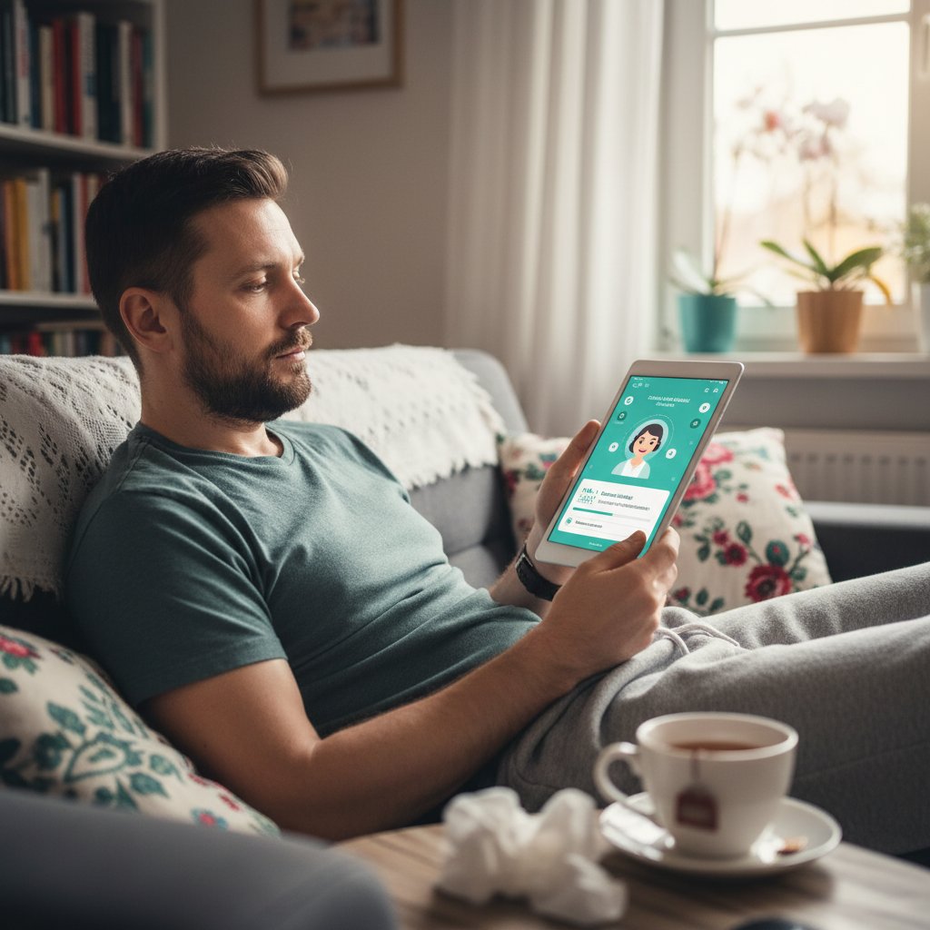 Polski pracownik korzystający z aplikacji medyk.ai w domu podczas choroby