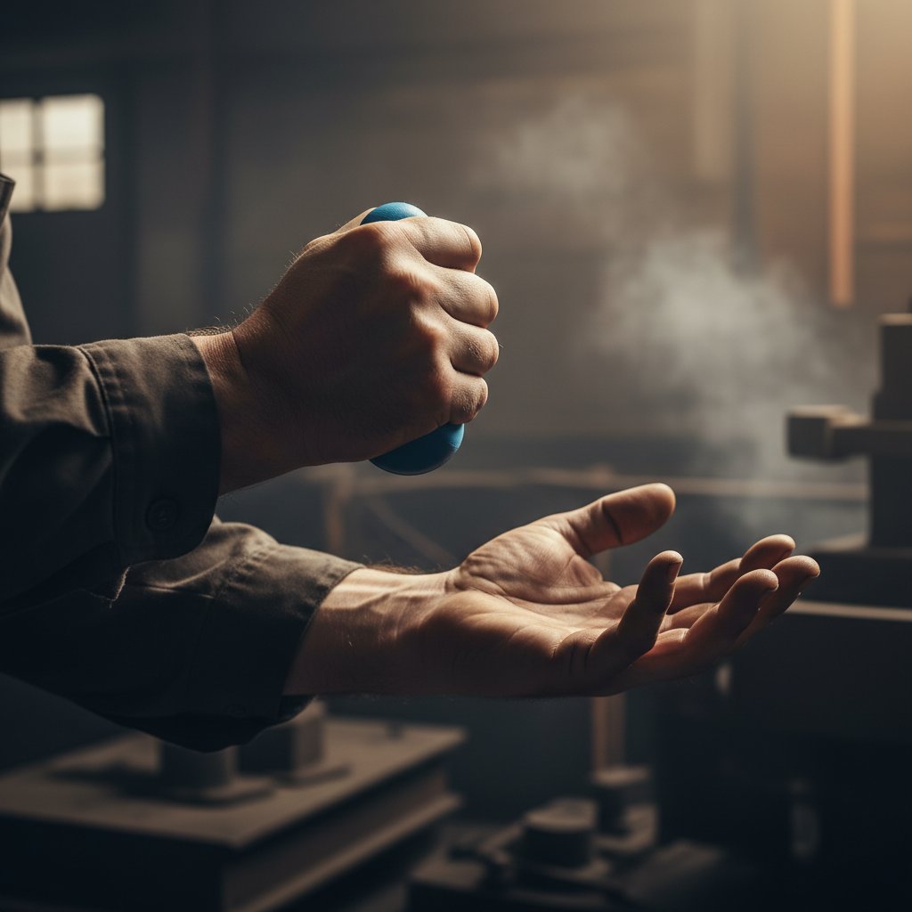 Ręka pracownika ściskająca piłeczkę antystresową – kontrast napięcia i relaksu, widoczne żyły i światłocień