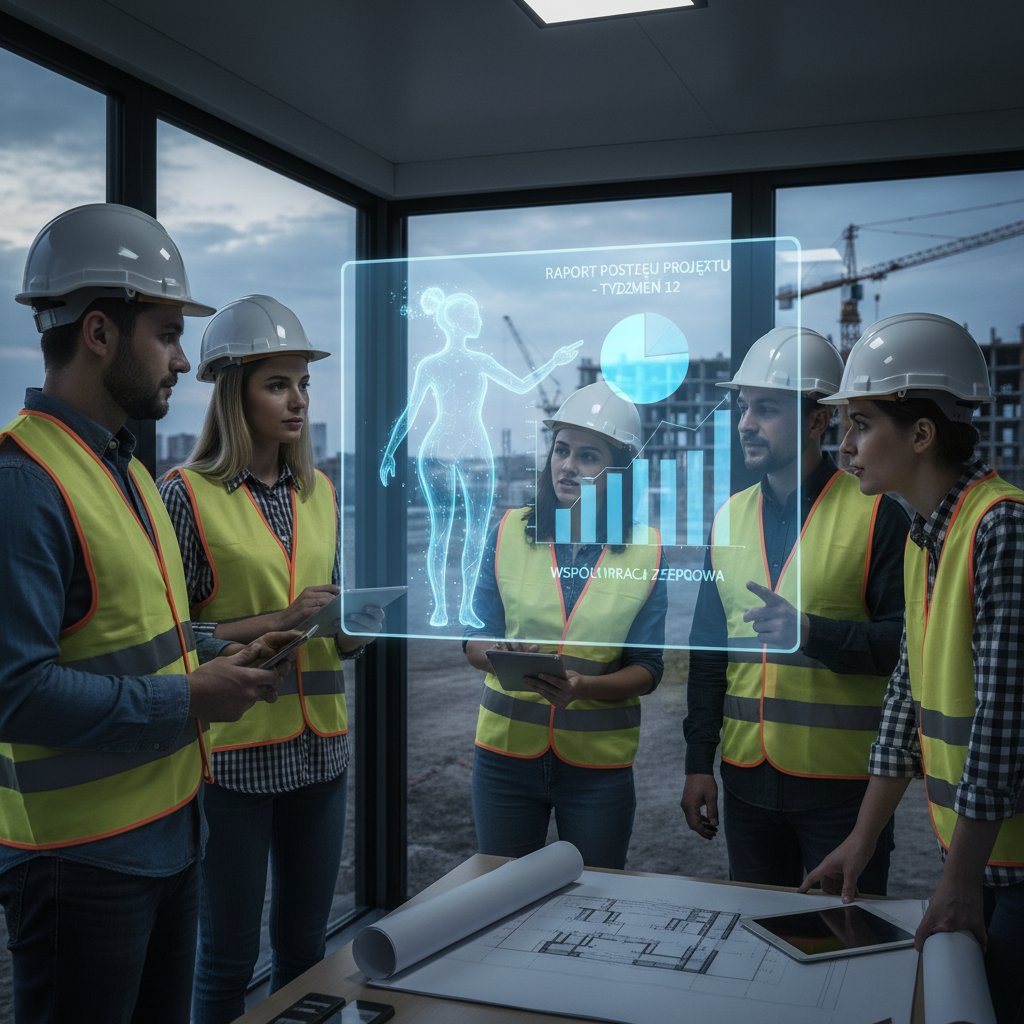 Zespół polskich pracowników pracuje wspólnie z cyfrowym asystentem AI nad raportem