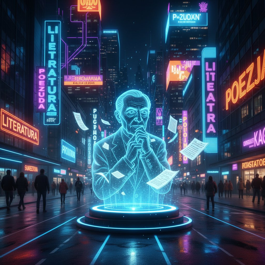 Młoda polska pisarka przy komputerze, z hologramem AI i rękopisami w nocy