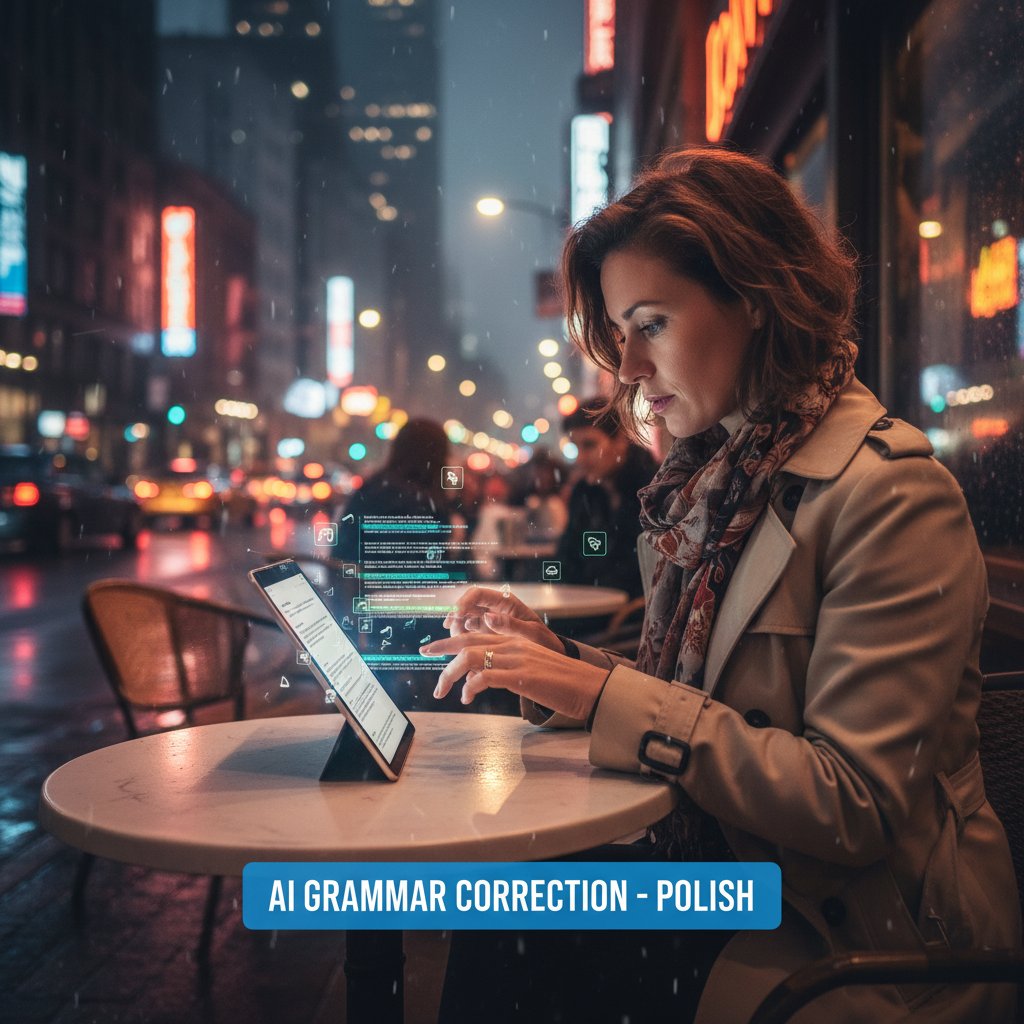 Polski pisarz analizuje tekst na tle nocnego miasta, z wyświetlanymi poprawkami AI