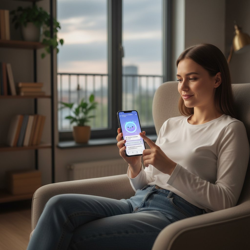 Młody Polak korzystający z aplikacji wsparcia emocjonalnego AI w swoim pokoju