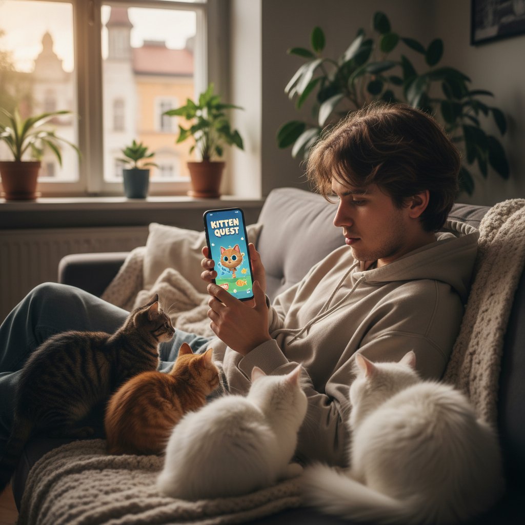 Nowoczesny Polak grający na smartfonie z wyświetlonym wirtualnym kotkiem, otoczony cyfrowymi ikonami aplikacji z kotami