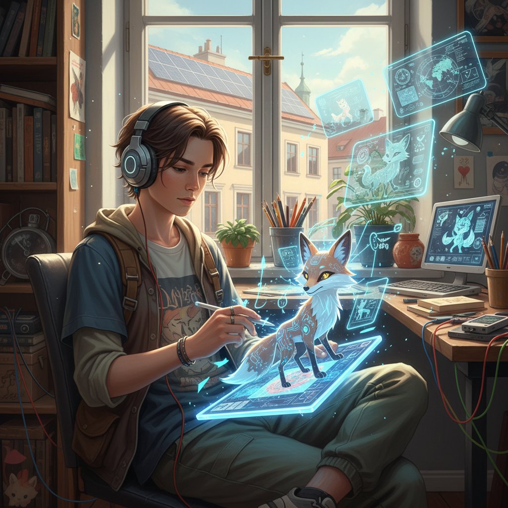 Zastosowanie AI w edukacji i kreatywności – młoda osoba pracująca z wirtualnym towarzyszem
