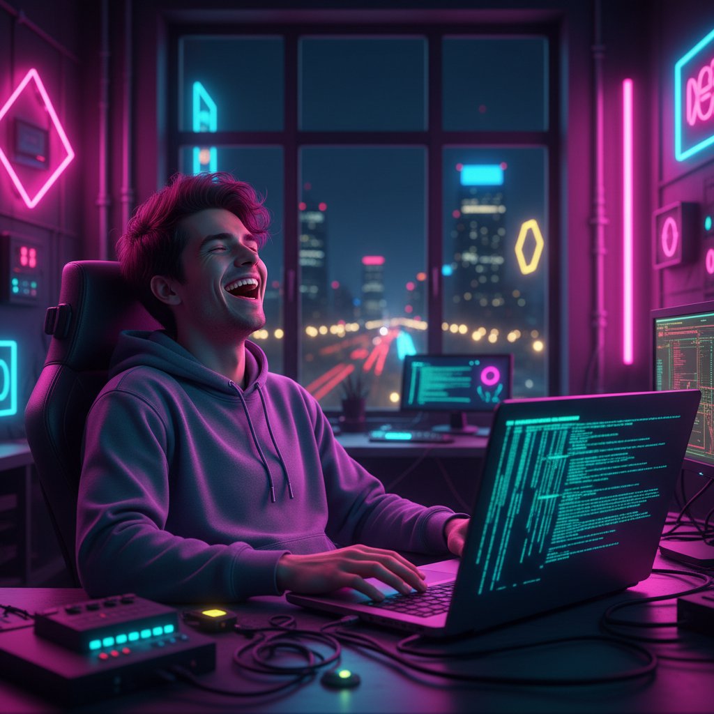 Młody dorosły śmiejący się do ekranu laptopa w neonowym świetle, cyfrowe kody na tle, atmosfera nocnego miasta