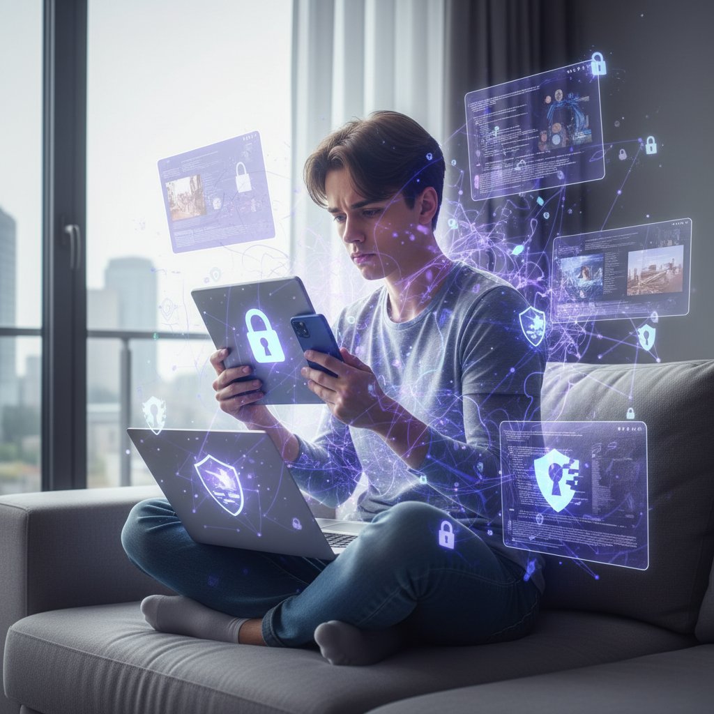 Młoda osoba w Polsce przy komputerze, w ciemnym pokoju, światło ekranu i symbole bezpieczeństwa