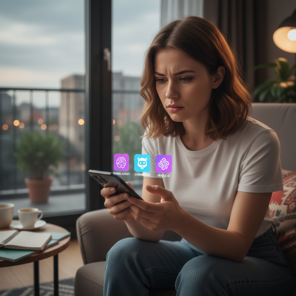 Wybór usługi AI – młoda osoba przegląda aplikacje na telefonie