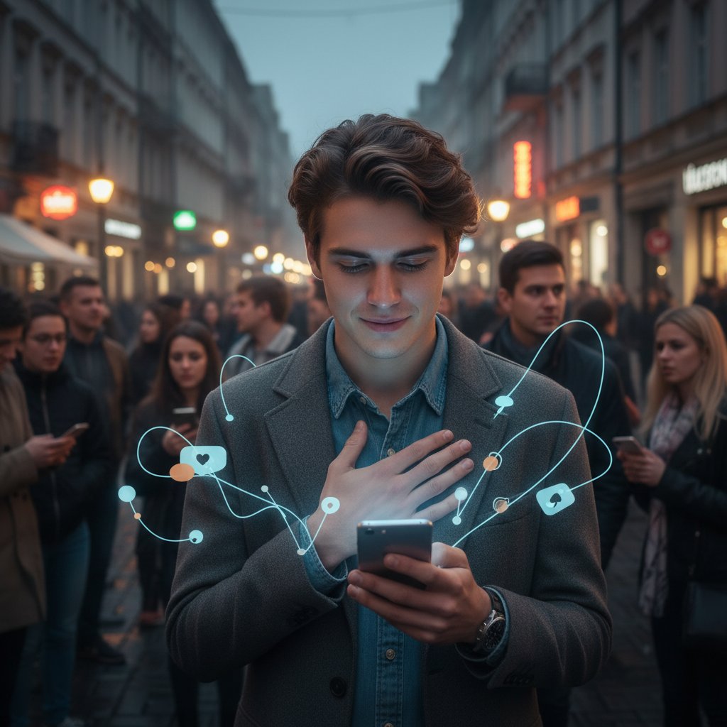 Młoda osoba siedząca samotnie na ławce w mieście wieczorem, oświetlona światłem telefonu, otoczona rozmazanym tłumem, wsparcie emocjonalne, samotność