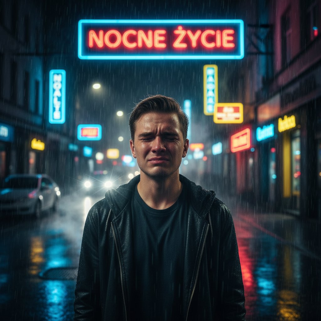 Młoda osoba w miejskiej scenerii nocą, widocznie przeżywająca emocje, tło to neony