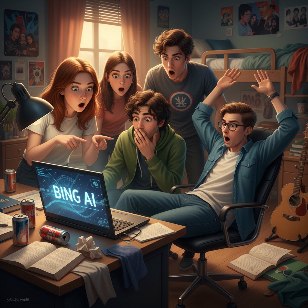 Grupa młodych Polaków testuje Bing AI po polsku, wspólna zabawa, laptop na stole, żywa reakcja