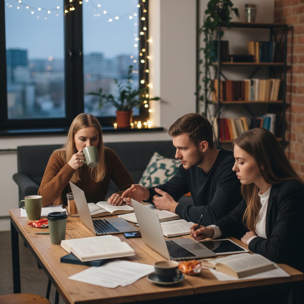 Grupa młodych Polaków uczy się wieczorem przy komputerach w mieszkaniu, otoczeni notatkami i kawą, atmosfera skupienia
