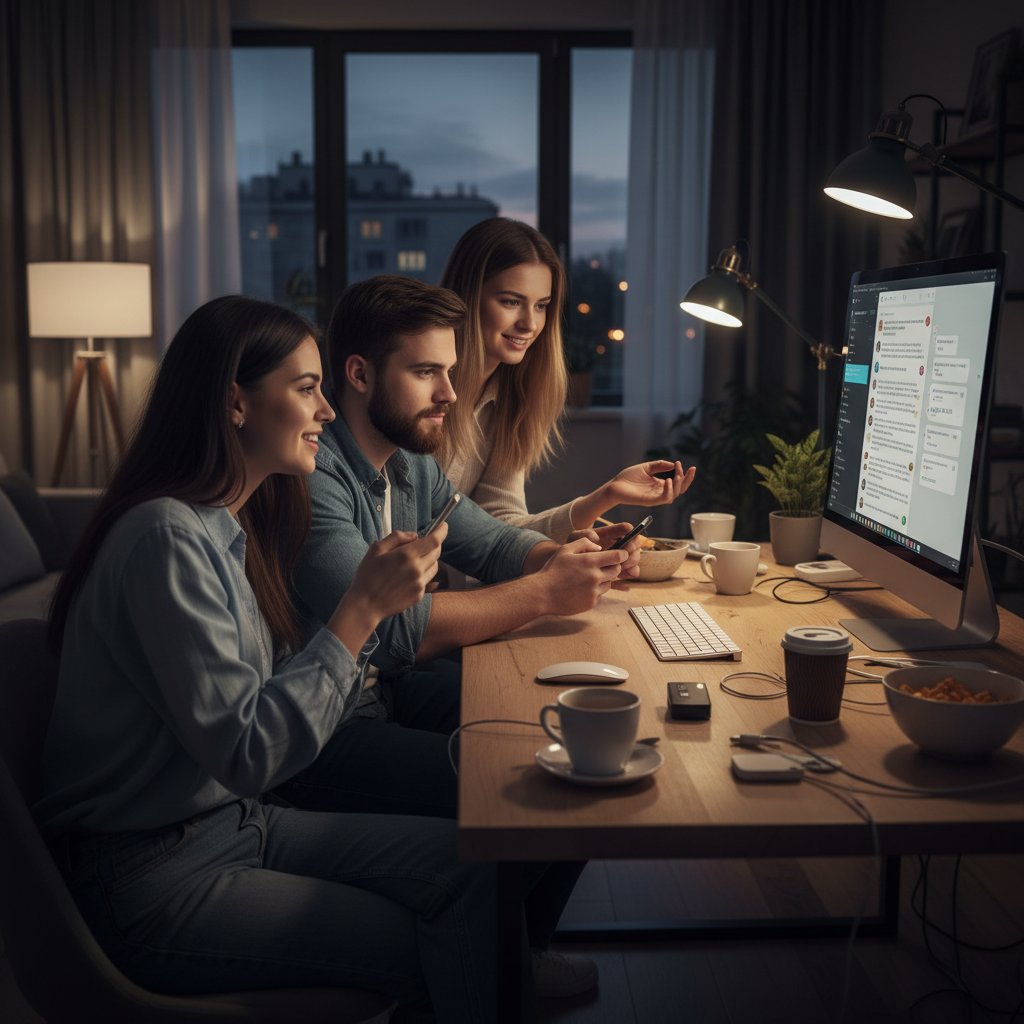 Młodzi dorośli w Polsce korzystający z aplikacji do rozmów, wieczorem przy komputerze